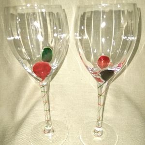 2 Pier 1 Wine Glasses Hand Blown Green and Red Leaves